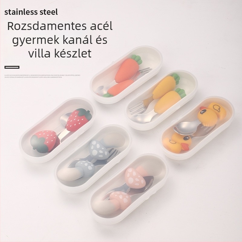 2 darabos kanál- és villa készlet 304 rozsdamentes acélból, szilikon fogantyúval – répás dizájn babáknak és gyerekeknek