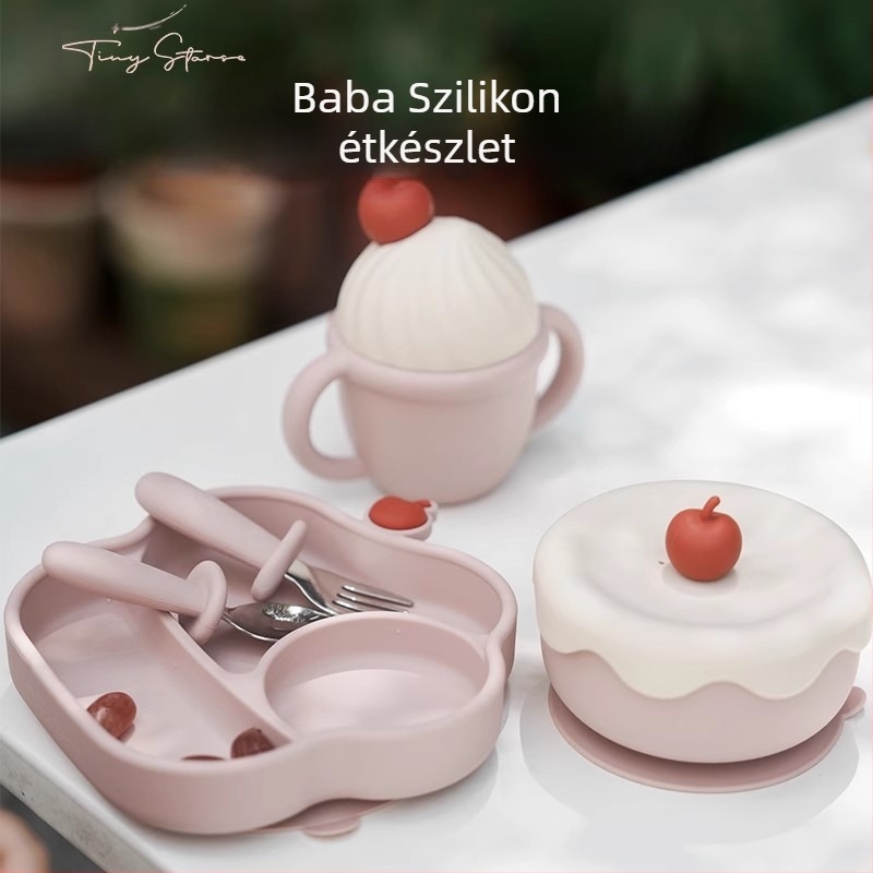 Szilikonból készült babaétkezési készlet: tál szívóval, kés és villa, bavéta és pohár szívószállal
