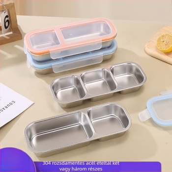 304 rozsdamentes acélból készült Bento ebédes doboz, 2–3 rekesz, téglalap alakú, 501–800 ml, mikrohullámú sütőben használható, zárható és szagálló