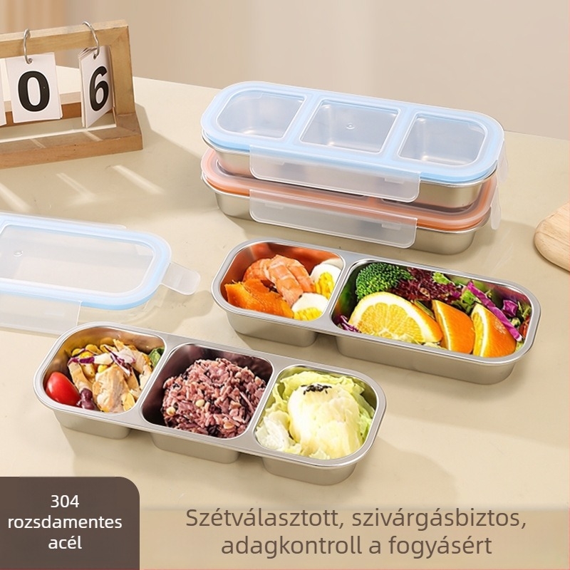 304 rozsdamentes acélból készült Bento ebédes doboz, 2–3 rekesz, téglalap alakú, 501–800 ml, mikrohullámú sütőben használható, zárható és szagálló