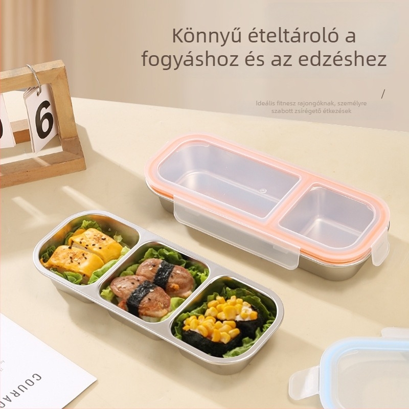 304 rozsdamentes acélból készült Bento ebédes doboz, 2–3 rekesz, téglalap alakú, 501–800 ml, mikrohullámú sütőben használható, zárható és szagálló