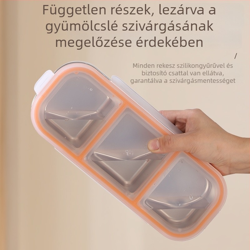 304 rozsdamentes acélból készült Bento ebédes doboz, 2–3 rekesz, téglalap alakú, 501–800 ml, mikrohullámú sütőben használható, zárható és szagálló