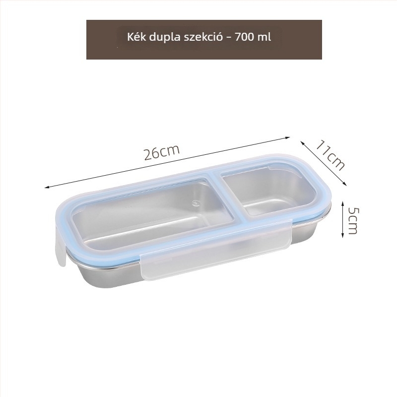 304 rozsdamentes acélból készült Bento ebédes doboz, 2–3 rekesz, téglalap alakú, 501–800 ml, mikrohullámú sütőben használható, zárható és szagálló