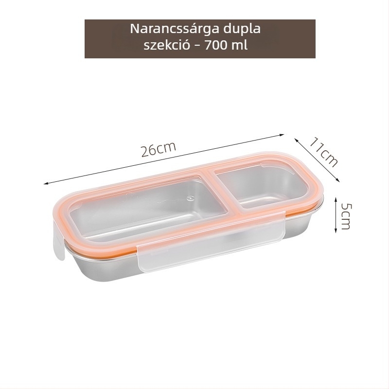 304 rozsdamentes acélból készült Bento ebédes doboz, 2–3 rekesz, téglalap alakú, 501–800 ml, mikrohullámú sütőben használható, zárható és szagálló