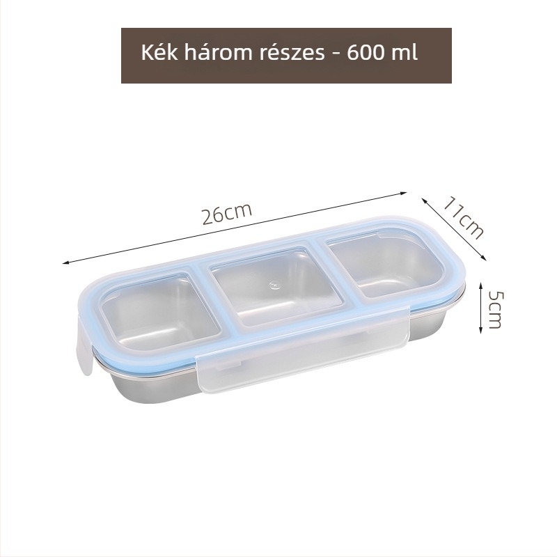 304 rozsdamentes acélból készült Bento ebédes doboz, 2–3 rekesz, téglalap alakú, 501–800 ml, mikrohullámú sütőben használható, zárható és szagálló
