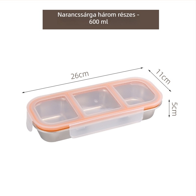 304 rozsdamentes acélból készült Bento ebédes doboz, 2–3 rekesz, téglalap alakú, 501–800 ml, mikrohullámú sütőben használható, zárható és szagálló