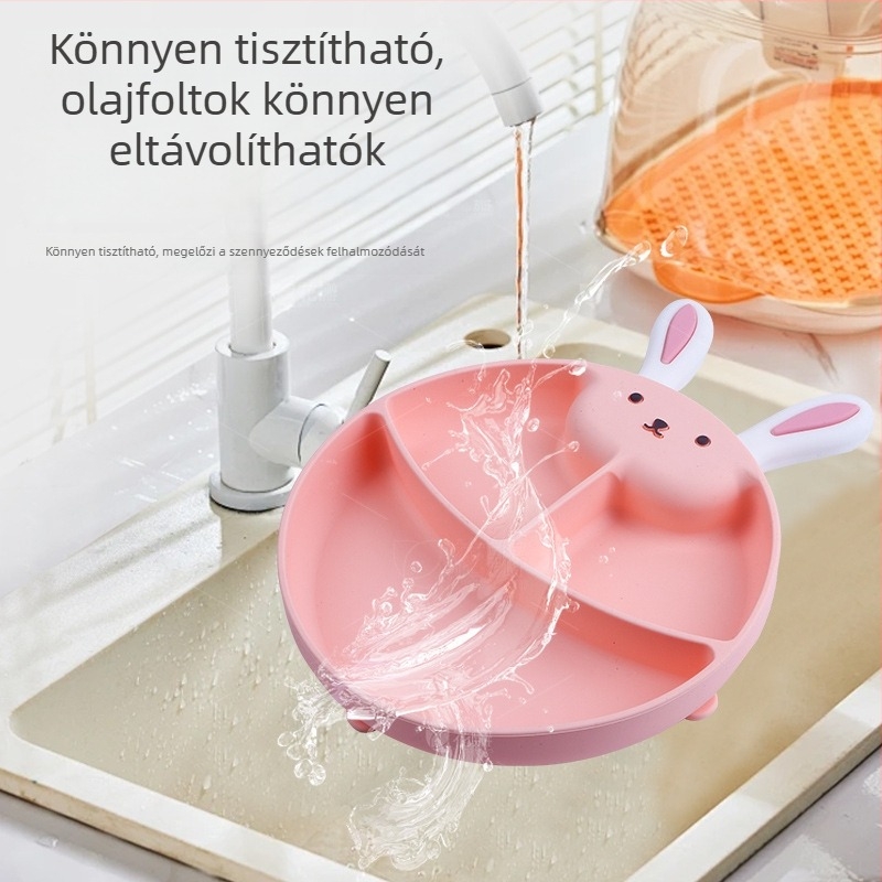 Honglin szilikon bébi három rekeszes szívó tál – nyuszi dizájn, készlet étkezéshez, 3 hónaptól