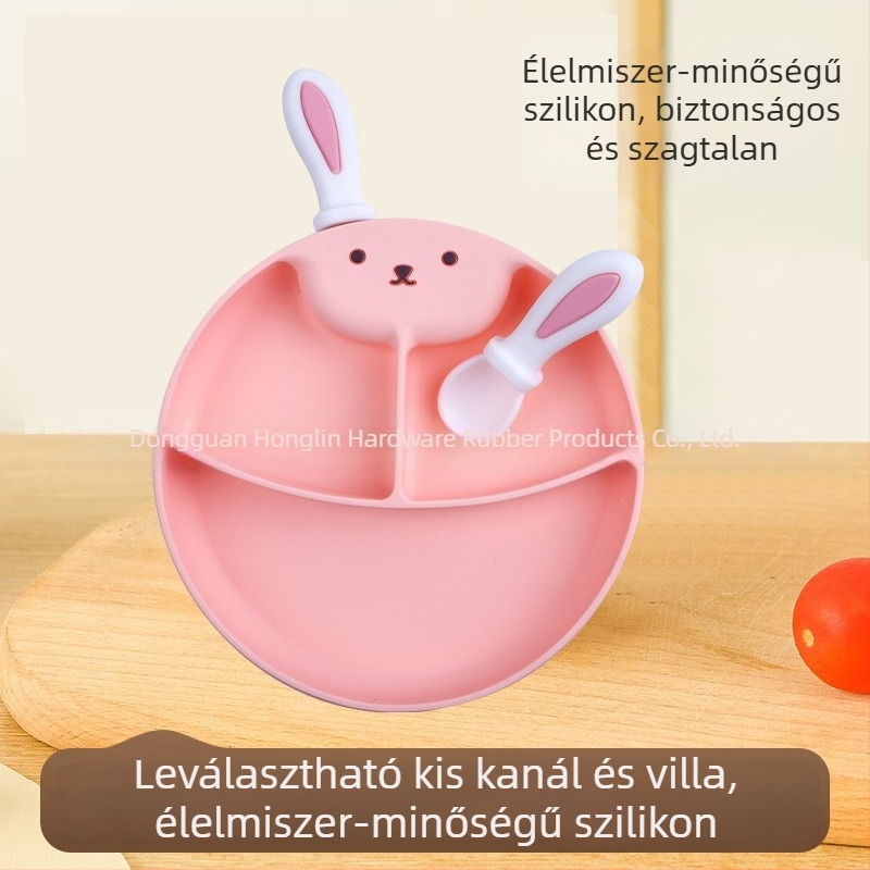 Honglin szilikon bébi három rekeszes szívó tál – nyuszi dizájn, készlet étkezéshez, 3 hónaptól