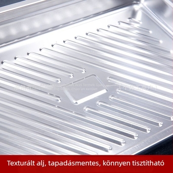 Rozsdamentes acél gombóc tároló, téglalap alakú, fedéllel, szivárgásbiztos, 2,1–3 L kapacitás, egy rétegű