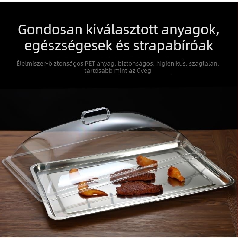 Téglalap alakú, átlátszó üveg ételfedő, magas hőmérsékletnek ellenálló fedél főtt ételekhez, a frissesség megőrzésére.