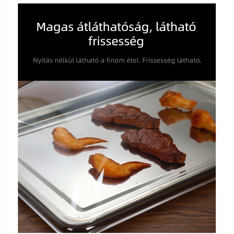 Téglalap alakú, átlátszó üveg ételfedő, magas hőmérsékletnek ellenálló fedél főtt ételekhez, a frissesség megőrzésére.