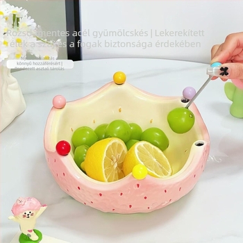 Eper mintás kerámia gyümölcs tál és villa készlet, felnőtteknek, egyszerű stílus