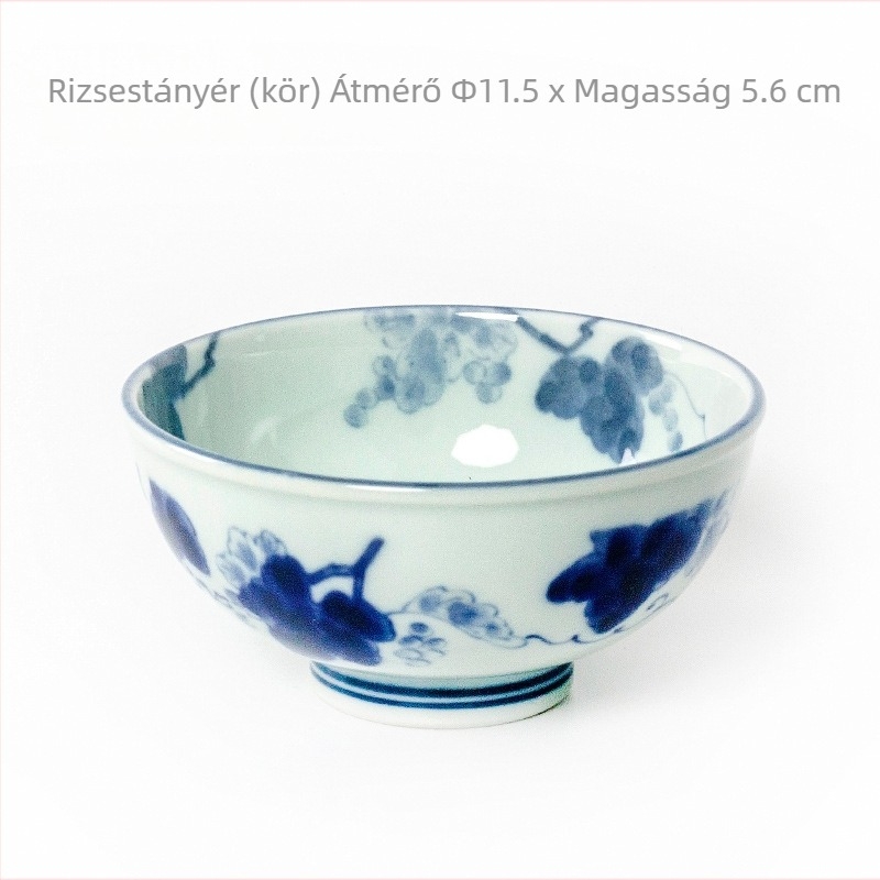 Porcelán étkészlet – szabálytalan formájú tányérok és tálak, kék szőlővirág minta alatt zománc, mikrohullámú sütőben használható