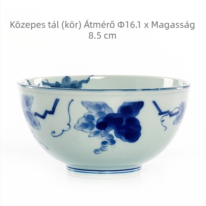 Porcelán étkészlet – szabálytalan formájú tányérok és tálak, kék szőlővirág minta alatt zománc, mikrohullámú sütőben használható