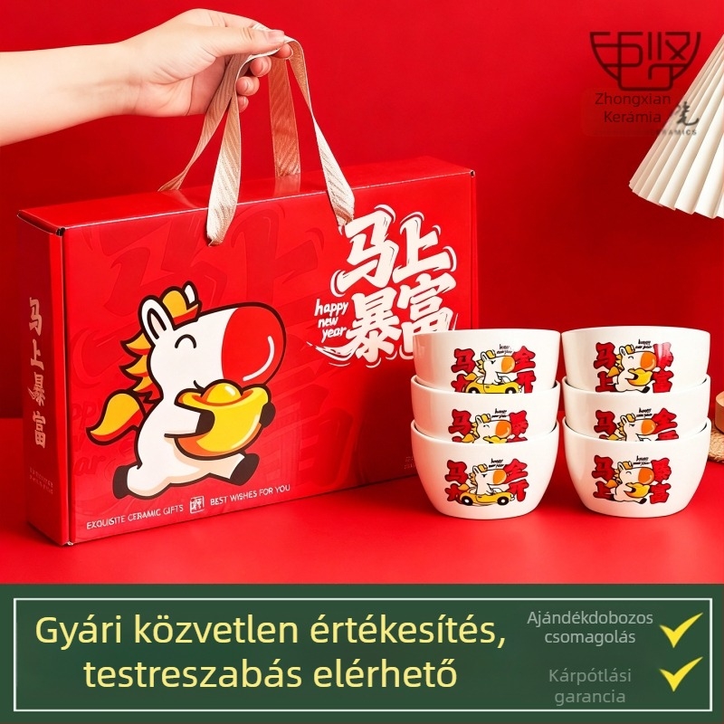A ló éve porcelán étkészlet – tálak, tányérok és lapos tányérok, kör alakú formájú, karikatúra minta, kreatív stílus; mikrohullámú sütőben használható; testreszabható; Zhongxian Ceramics márka