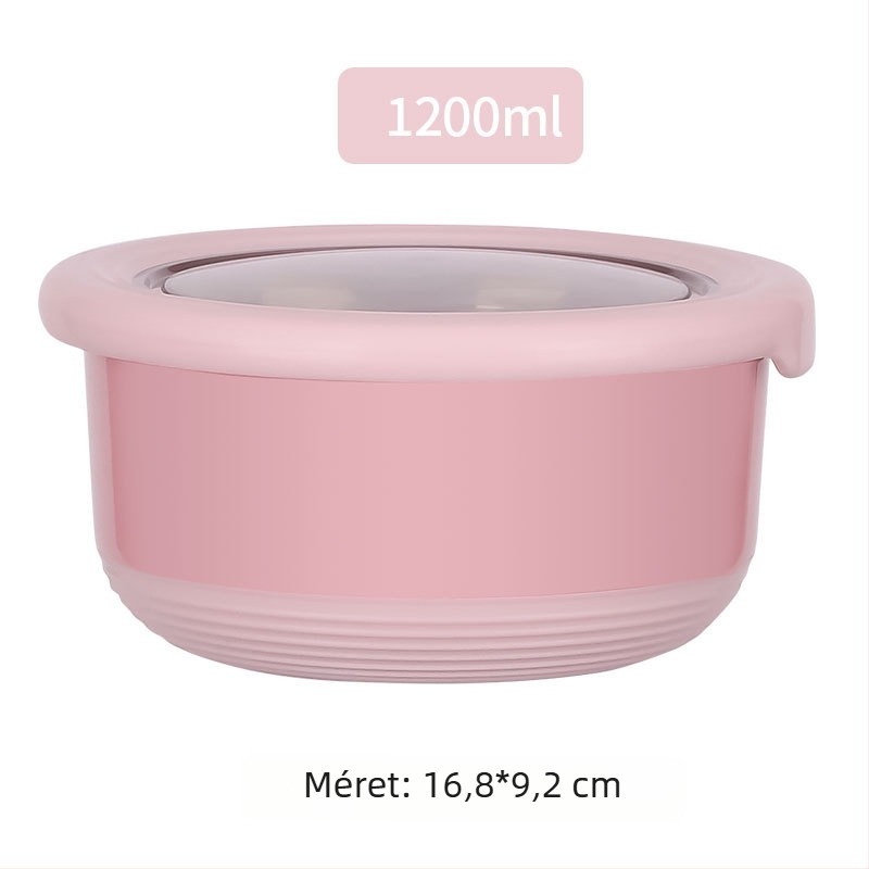 Rozsdamentes acél Bento doboz fedővel, légmentesen zárható, kör alakú, 800–1000 ml kapacitás, konyhai tárolás