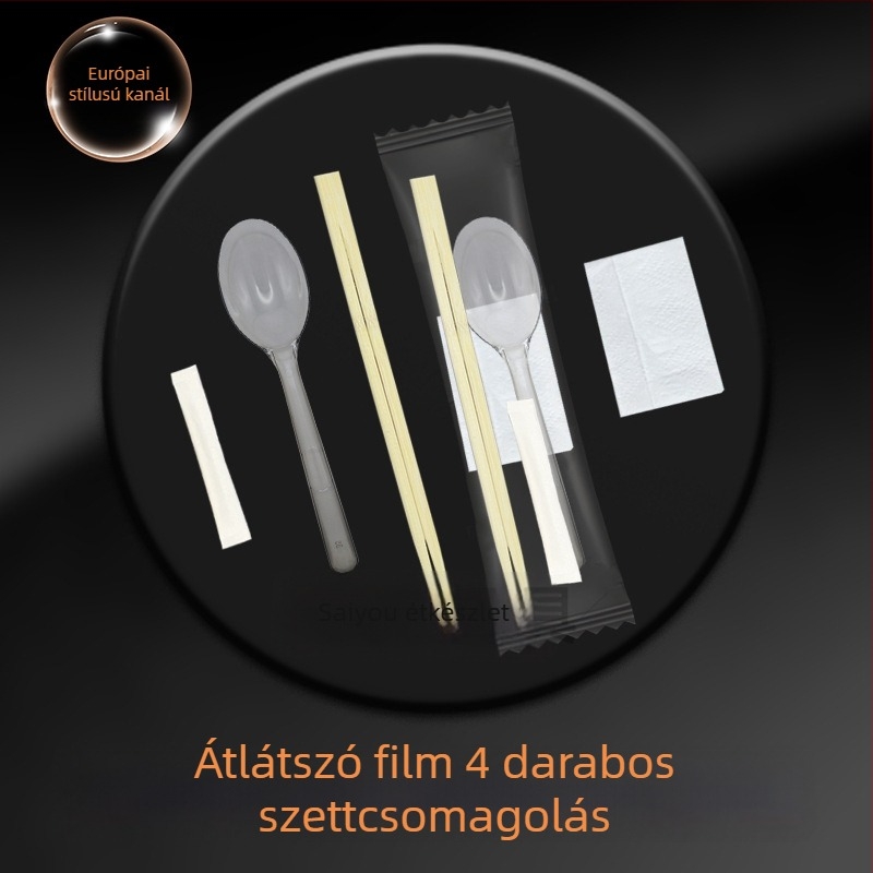 Elvitelre szánt evőeszköz-készlet, európai stílus, 4 darab, egyszer használatos kanál és pálcikák, műanyag Nanmu bambusszal, mikrohullámú sütőben használható, logónyomás elérhető