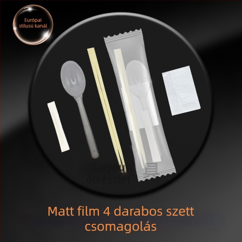 Elvitelre szánt evőeszköz-készlet, európai stílus, 4 darab, egyszer használatos kanál és pálcikák, műanyag Nanmu bambusszal, mikrohullámú sütőben használható, logónyomás elérhető