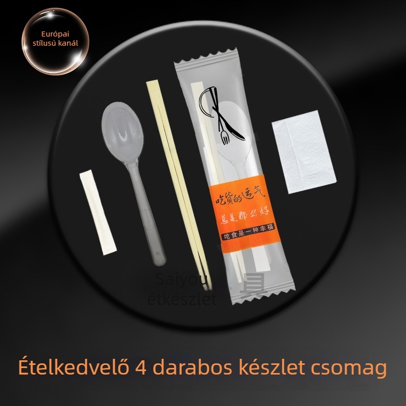 Elvitelre szánt evőeszköz-készlet, európai stílus, 4 darab, egyszer használatos kanál és pálcikák, műanyag Nanmu bambusszal, mikrohullámú sütőben használható, logónyomás elérhető