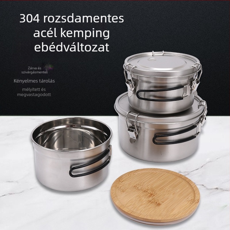 304 rozsdamentes acélból készült összecsukható ételtároló doboz zárófedéllel, 1-2 L kapacitás, kör alakú