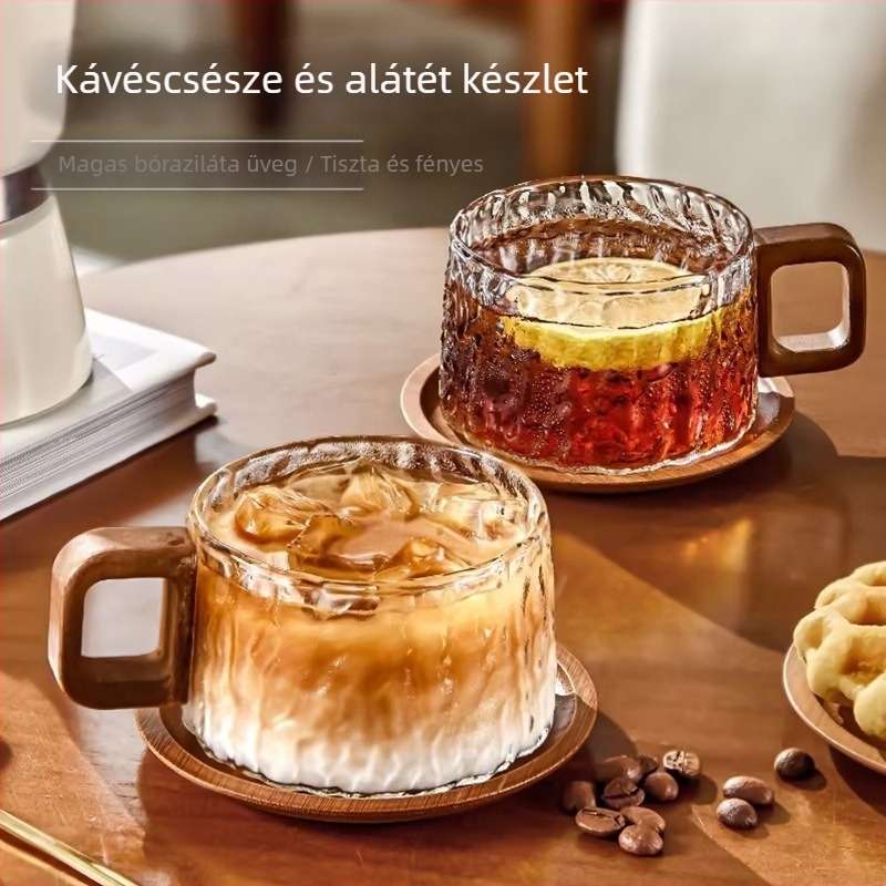 Kávéscsésze retro japán stílusú fogantyúval, magas boroszilikát üveg, jéggleccser minta, félig kézzel készített, testreszabható