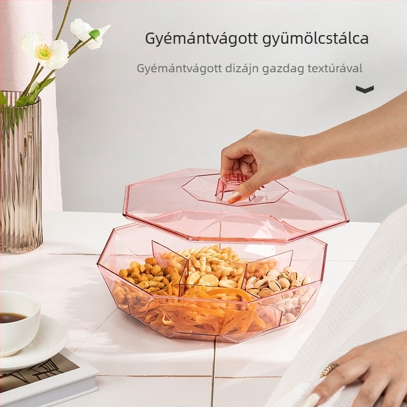 Snack- és édesség tároló doboz – nyolcszögletű diamant alakú, átlátszó műanyag gyümölcstál, szárított gyümölcs és édesség rendező