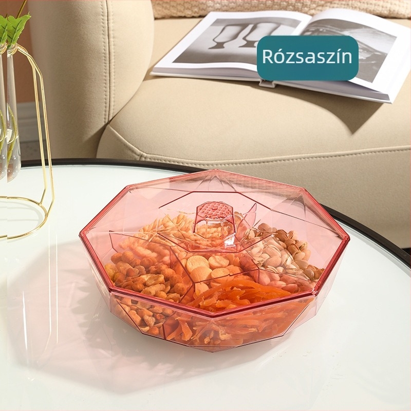 Snack- és édesség tároló doboz – nyolcszögletű diamant alakú, átlátszó műanyag gyümölcstál, szárított gyümölcs és édesség rendező