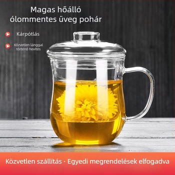 Boroszilikát üvegből készült teáscsésze, modern dizájn fogantyúval, többszintes szerkezet, nagy hőállóság, logónyomtatás elérhető