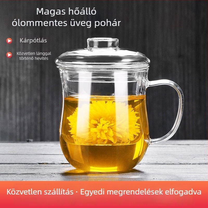Boroszilikát üvegből készült teáscsésze, modern dizájn fogantyúval, többszintes szerkezet, nagy hőállóság, logónyomtatás elérhető