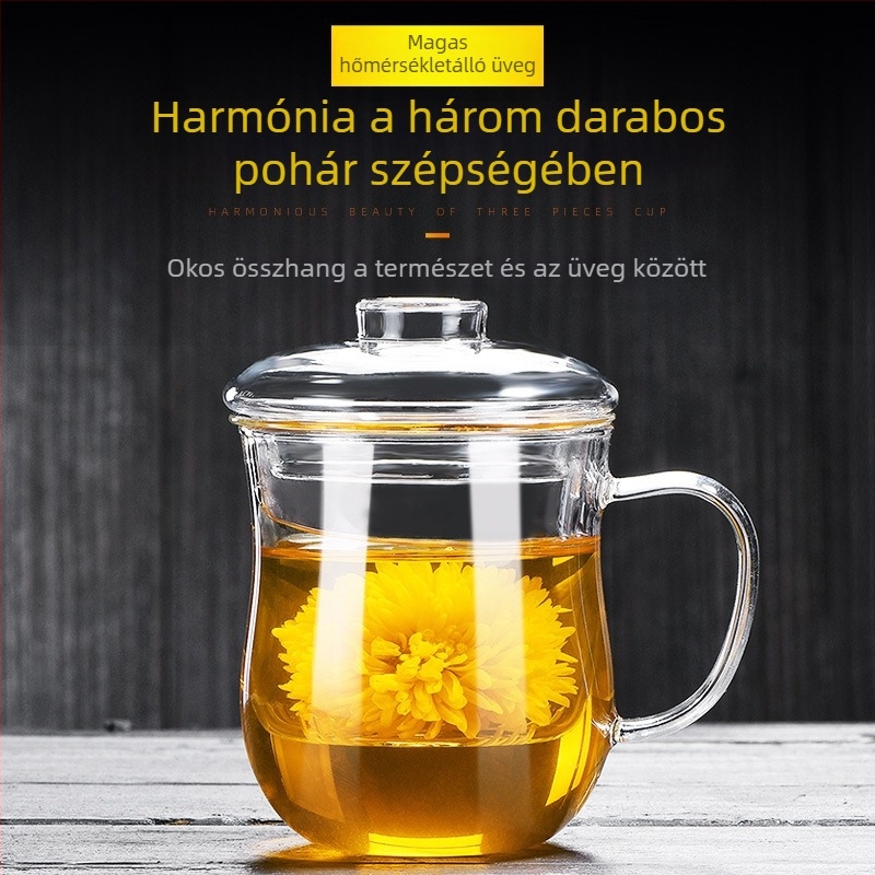 Boroszilikát üvegből készült teáscsésze, modern dizájn fogantyúval, többszintes szerkezet, nagy hőállóság, logónyomtatás elérhető
