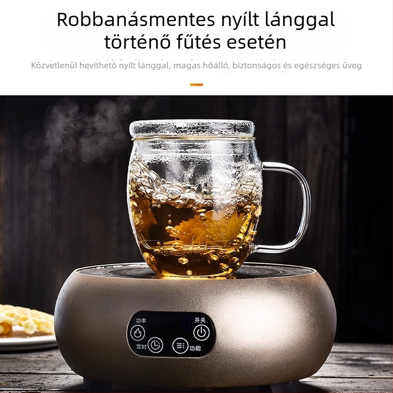 Boroszilikát üvegből készült teáscsésze, modern dizájn fogantyúval, többszintes szerkezet, nagy hőállóság, logónyomtatás elérhető