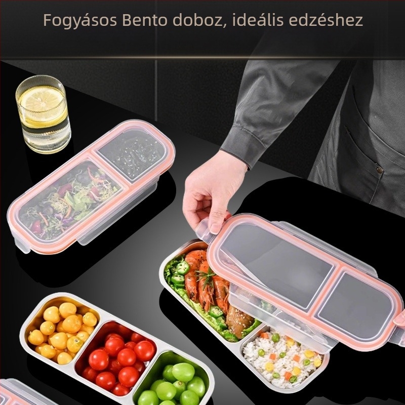 304 rozsdamentes acél ebédes doboz, három rekeszes, zárható és hordozható, 800-1000 ml kapacitás, egyrétegű