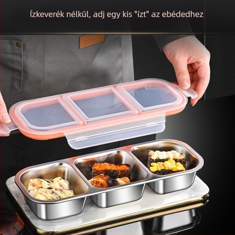304 rozsdamentes acél ebédes doboz, három rekeszes, zárható és hordozható, 800-1000 ml kapacitás, egyrétegű