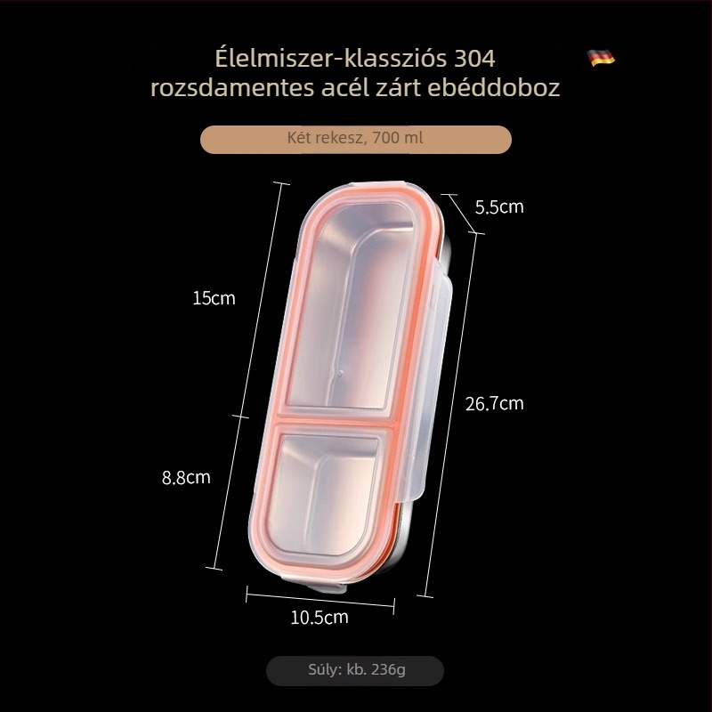 304 rozsdamentes acél ebédes doboz, három rekeszes, zárható és hordozható, 800-1000 ml kapacitás, egyrétegű