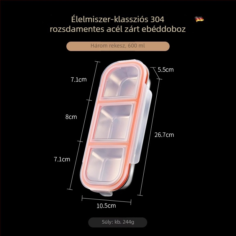 304 rozsdamentes acél ebédes doboz, három rekeszes, zárható és hordozható, 800-1000 ml kapacitás, egyrétegű