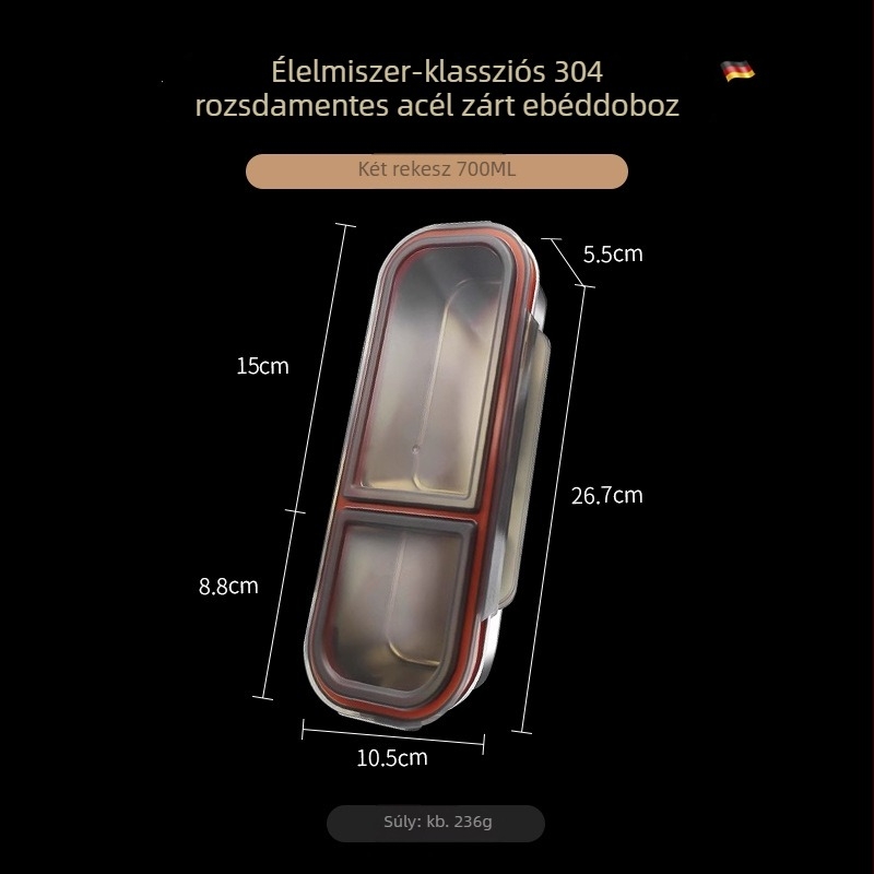 304 rozsdamentes acél ebédes doboz, három rekeszes, zárható és hordozható, 800-1000 ml kapacitás, egyrétegű