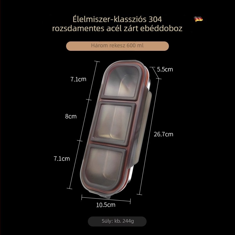 304 rozsdamentes acél ebédes doboz, három rekeszes, zárható és hordozható, 800-1000 ml kapacitás, egyrétegű