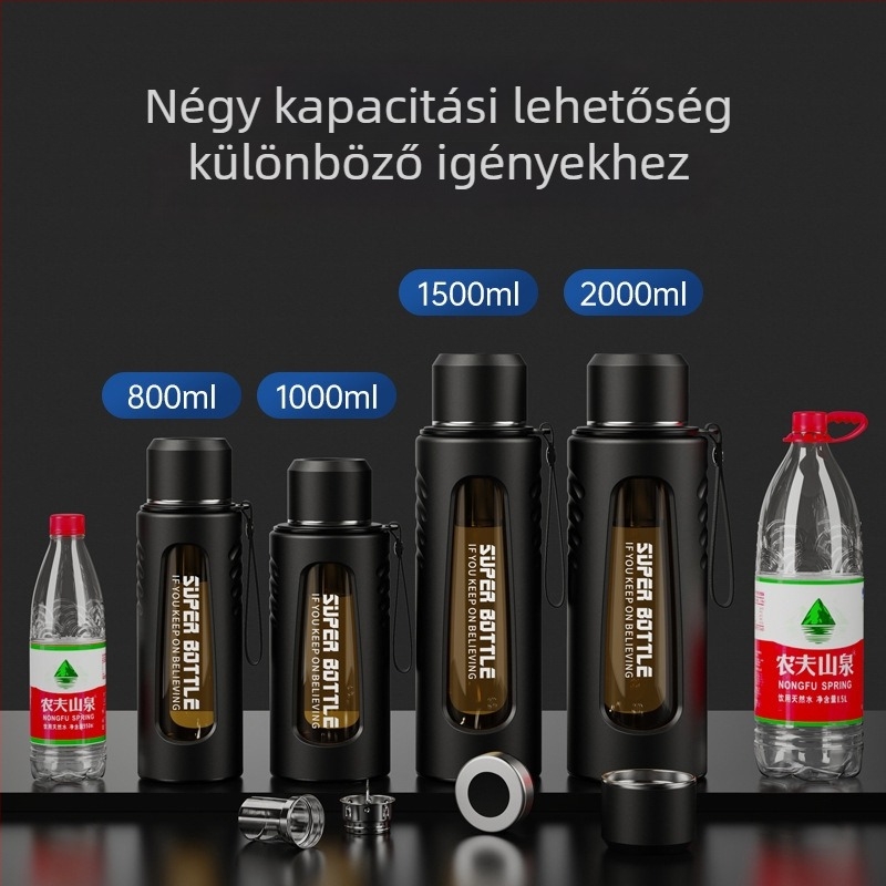 Kettős falú, hőálló üvegpohár tea- és víz elválasztással, intelligens hőmérséklet-érzékelővel és szűrővel