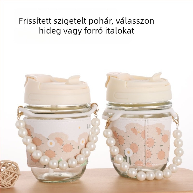Fogantyús pohár — két darabos készlet, szódalime üvegből, szivárgásmentes és hőszigetelő, szívószállal és hordozó zsinórral, logó testreszabás