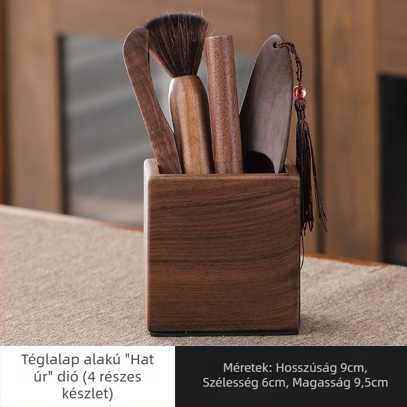 Diófából készült teaceremónia készlet – hat úriember: teklipsz, teáskanál, teás toll, Pu'er kés és teaceremónia kiegészítők