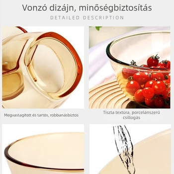 Borostyánszínű üveg saláta- és levesestál, hőálló, letisztult otthoni étkészlet.