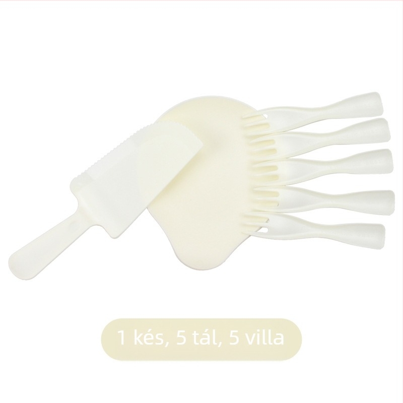 Egyszer használatos műanyag étkészlet vízcsepp alakú, 5 személy részére — tányérok, kések és villák születésnapi partira