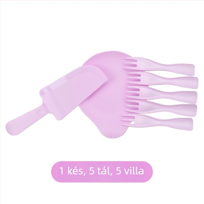 Egyszer használatos műanyag étkészlet vízcsepp alakú, 5 személy részére — tányérok, kések és villák születésnapi partira