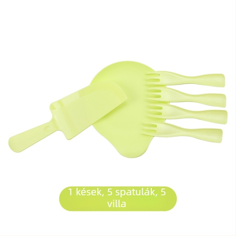 Egyszer használatos műanyag étkészlet vízcsepp alakú, 5 személy részére — tányérok, kések és villák születésnapi partira