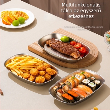 Koreai stílusú 304 rozsdamentes acél tálaló tál, hajó alakú, mikrohullámú sütőben használható, egyszínű dizájn