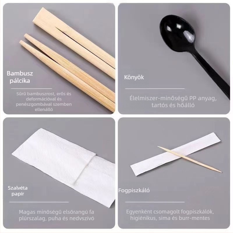 Bambusz egyszer használatos evőeszköz készlet: evőpálcák és kanál, négy darabos, kerek formájú, négy egyben, testre szabható, 500 darabos csomag