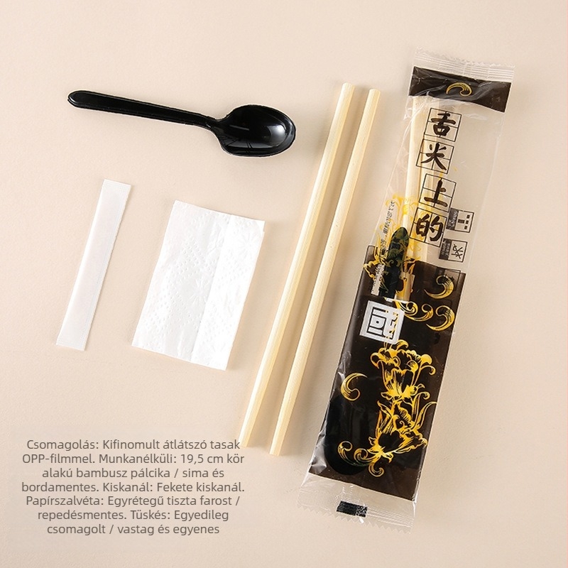 Bambusz egyszer használatos evőeszköz készlet: evőpálcák és kanál, négy darabos, kerek formájú, négy egyben, testre szabható, 500 darabos csomag