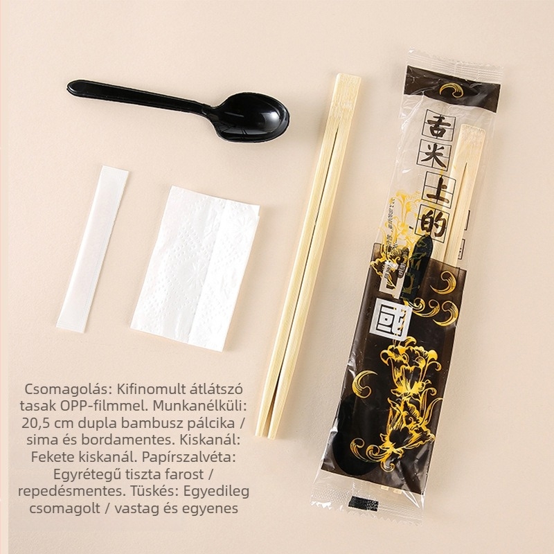 Bambusz egyszer használatos evőeszköz készlet: evőpálcák és kanál, négy darabos, kerek formájú, négy egyben, testre szabható, 500 darabos csomag