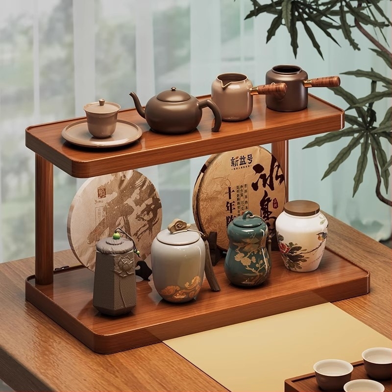 Minimalista asztali pohártartó, kétszintes fa/bambusz tároló, japán stílusú