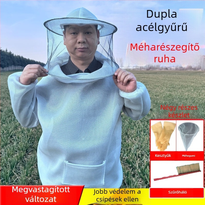 Légáteresztő pamut méhészruha, split típusú, csípés elleni védelemmel, hálós kapucnival